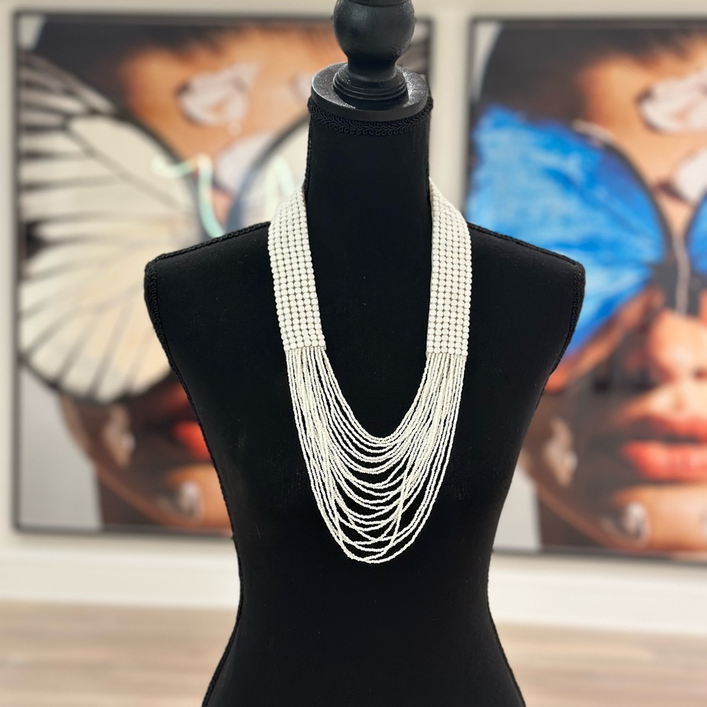 White leather long necklace, handmade from Africa. New No tags